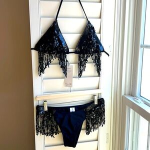 NWT Sexy Sequin Trim Cute Me Black String Bikini M